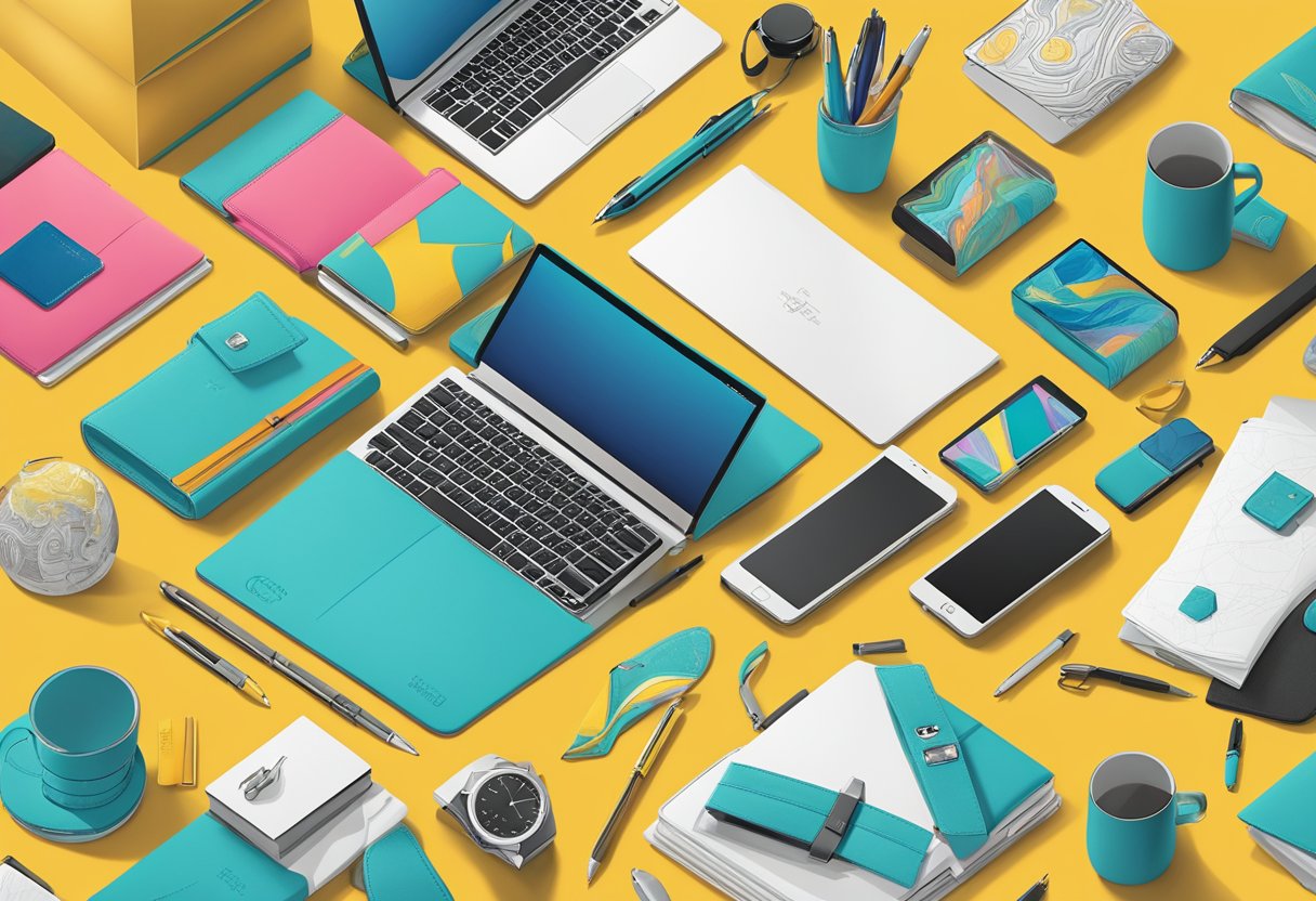 A table filled with unique corporate gifts, including customised items like engraved pens and branded tech accessories. Bright colors and sleek designs catch the eye