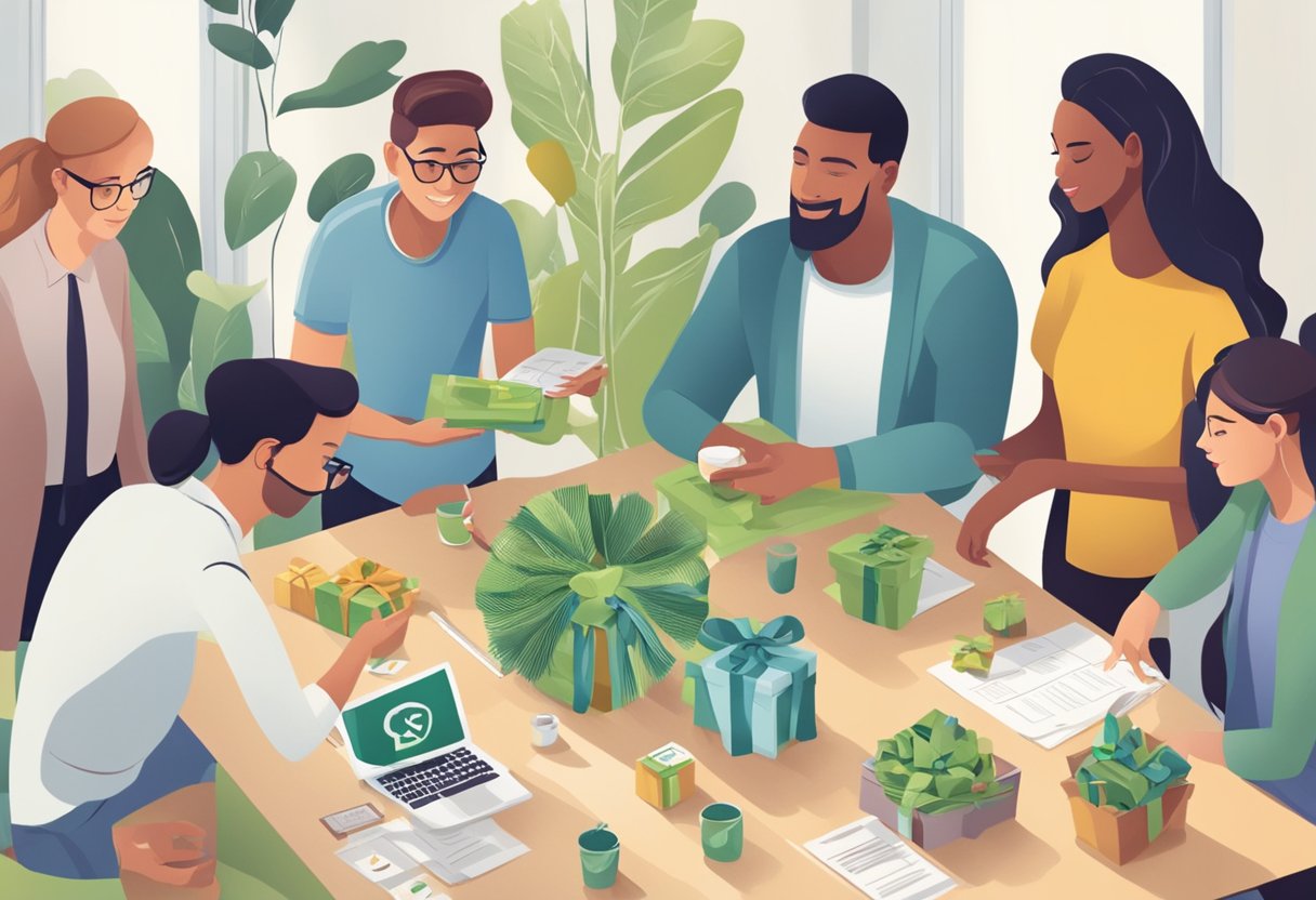 A table with eco-friendly gift options, a banner with "FAQs" and "Sustainable Corporate Gifts," and a group of people discussing and selecting items