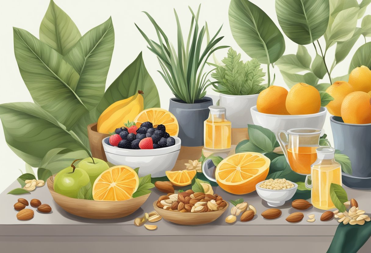 A table adorned with a variety of fresh fruits, nuts, and gourmet snacks. A basket of organic teas and a selection of natural skincare products displayed alongside a potted plant