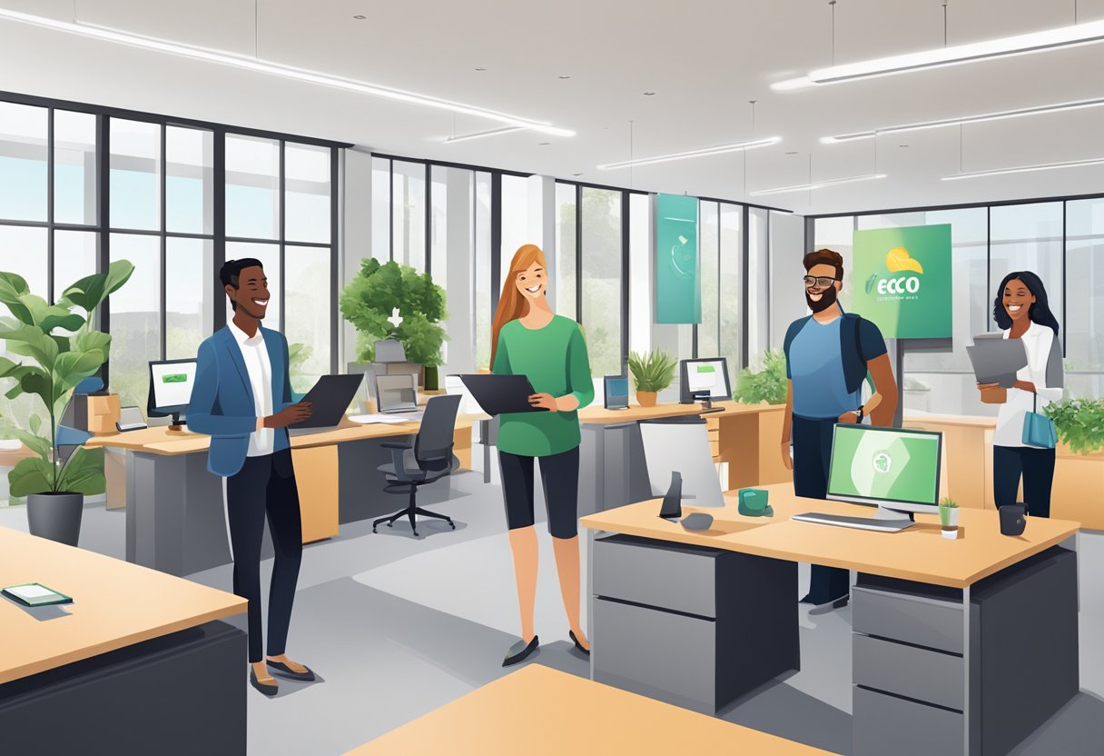 A group of diverse, smiling employees receive eco-friendly, personalized gifts in a modern office setting