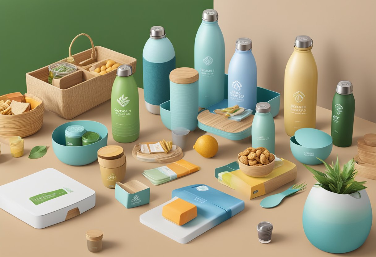 A table displays a variety of branded, eco-friendly corporate gifts, including reusable water bottles, bamboo desk organizers, and organic snack baskets