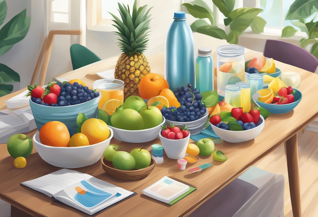 A table with a variety of healthy corporate gifts, including fruit baskets, yoga mats, and water bottles, displayed in a well-lit room