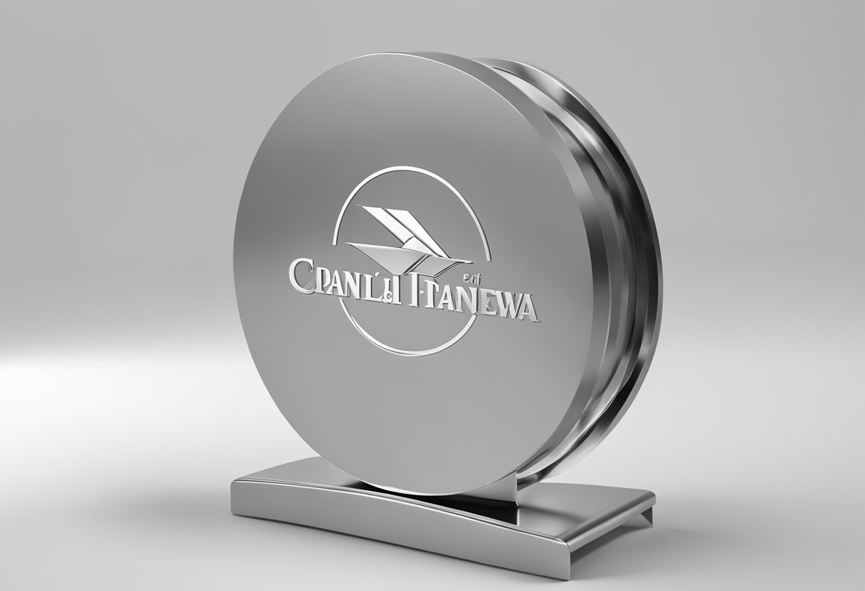 A stainless steel stand with the company's logo displayed as a corporate gift