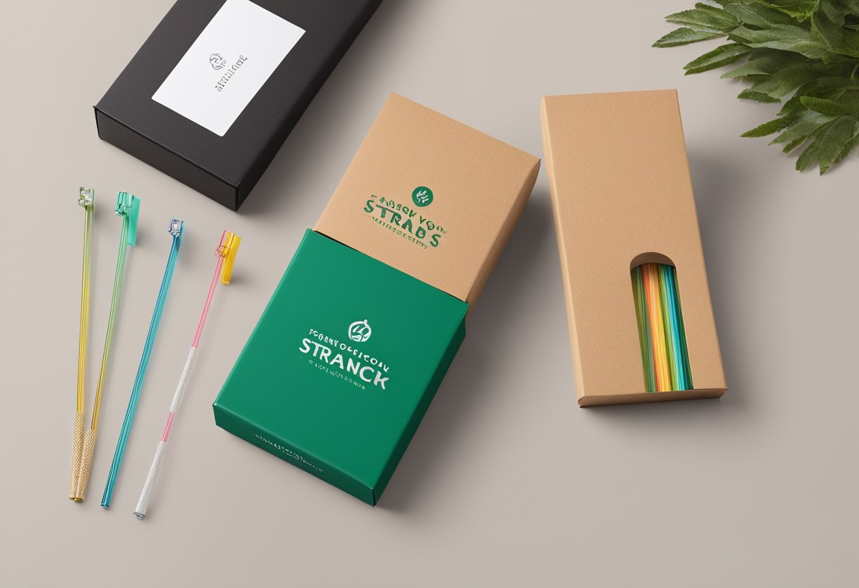A reusable straw with the company logo is placed in a sleek, eco-friendly gift box with a thank you card