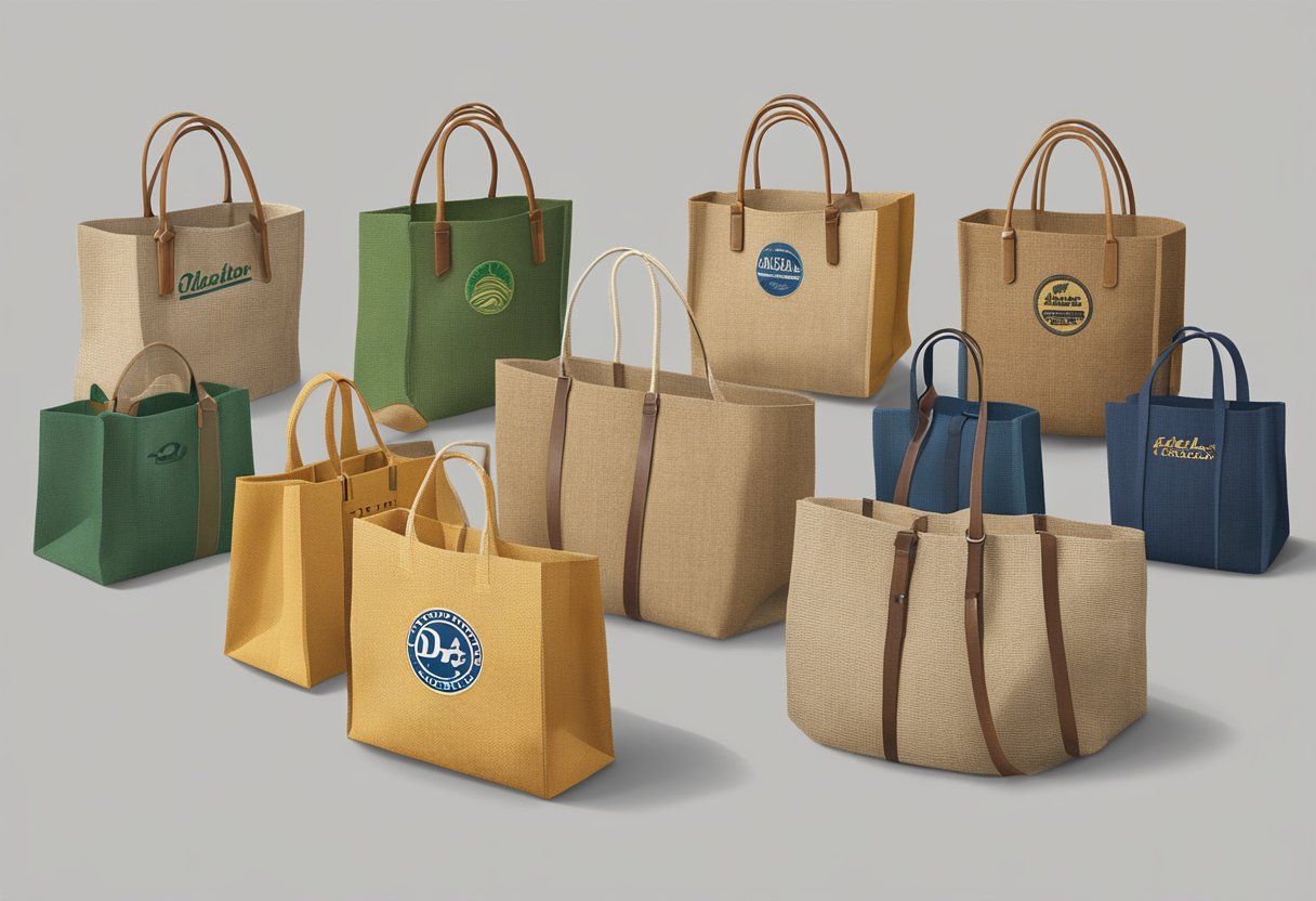 A variety of jute bags displayed with different customization options such as logos, colors, and designs