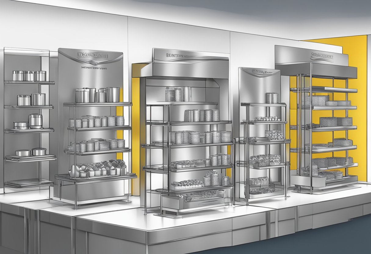 A stainless steel stand displays corporate gift offerings from a supplier