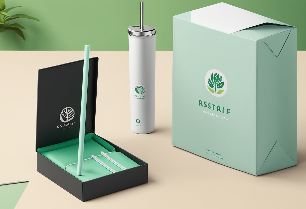 A hand reaches for a branded reusable straw in a sleek gift box, surrounded by eco-friendly packaging and a company logo