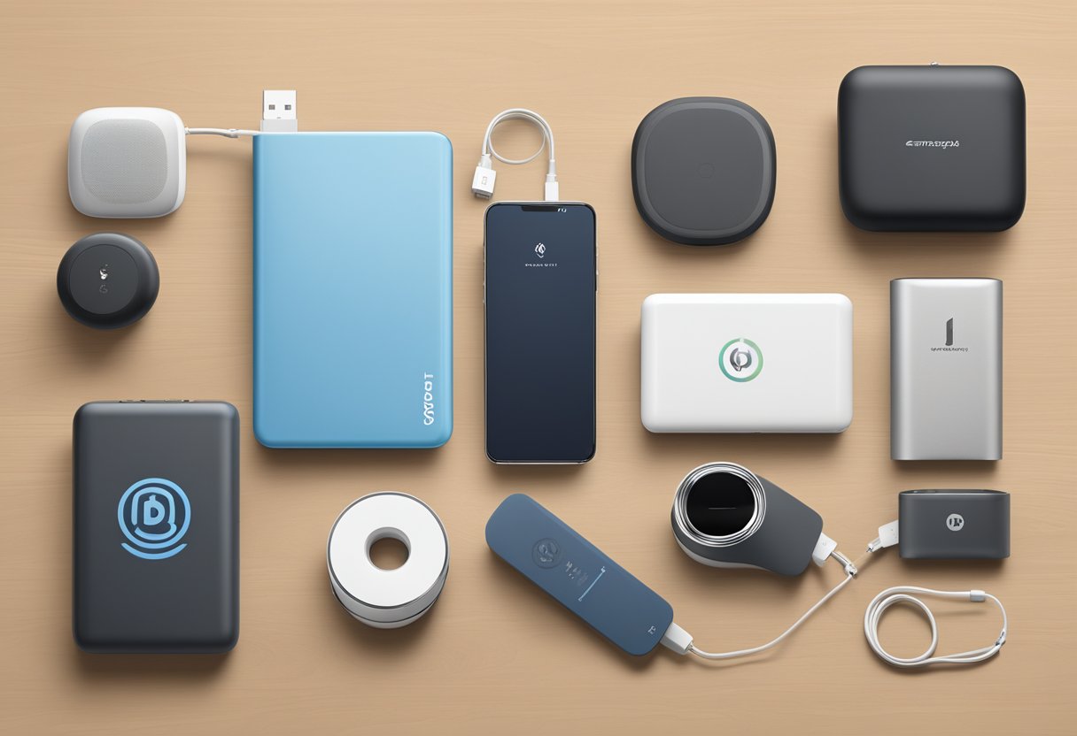 A table displaying branded tech gifts: power banks, wireless chargers, and Bluetooth speakers. Company logos are prominently featured on each item