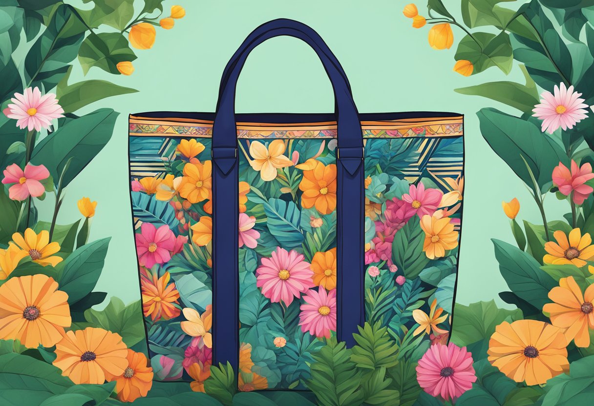 A tote bag with a bold, geometric pattern sits against a backdrop of lush green foliage and vibrant flowers
