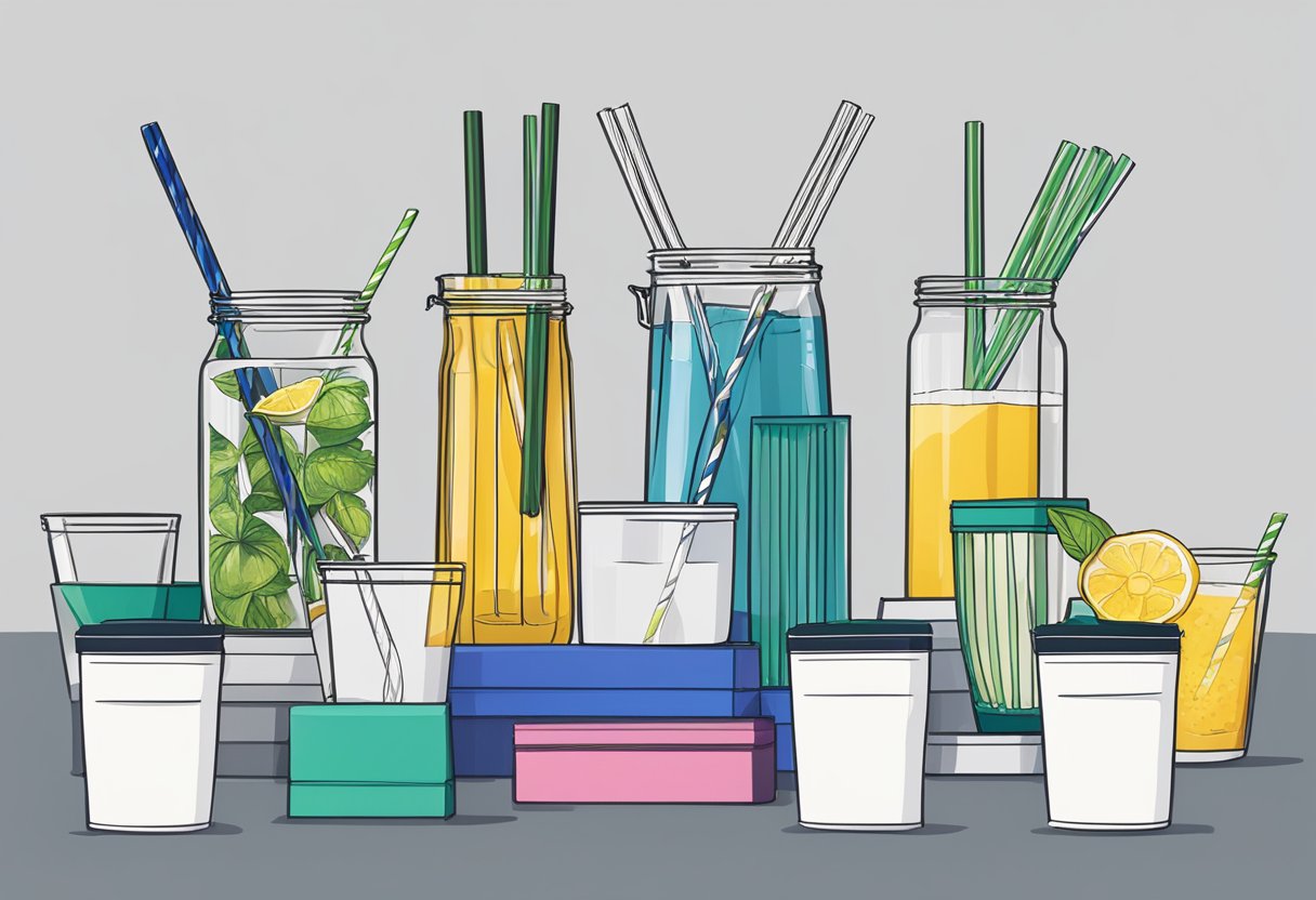 A selection of customizable and material options for reusable straws displayed on a corporate gift table
