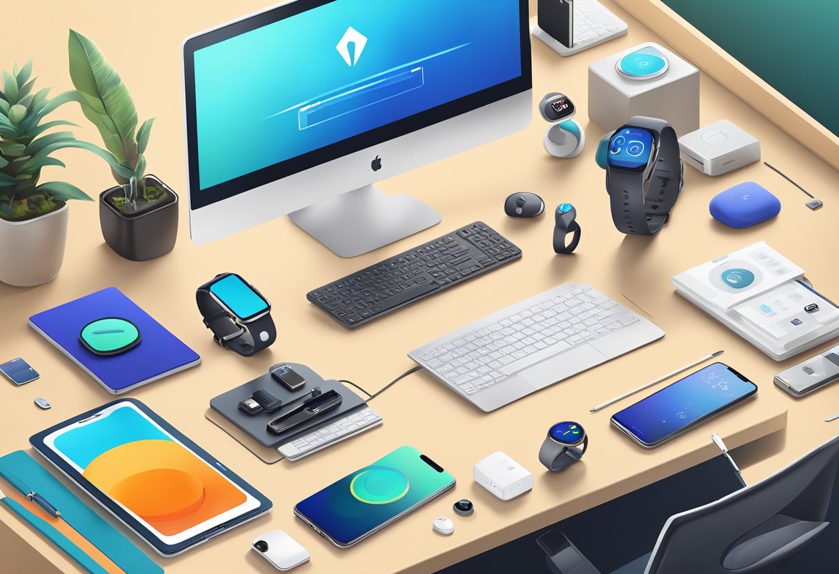 A sleek, modern office desk adorned with high-tech gadgets and devices, surrounded by futuristic corporate gifts like branded smartwatches and wireless earbuds