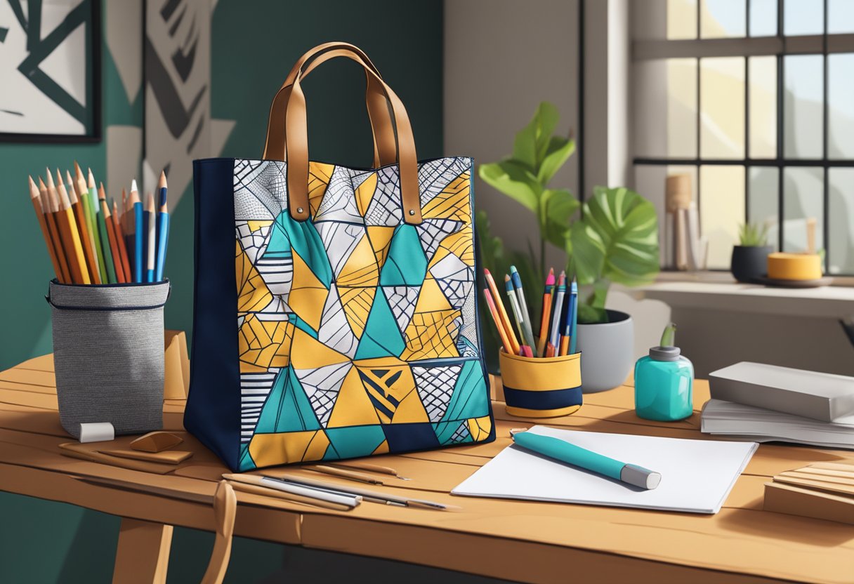 A tote bag with bold, geometric patterns sits on a rustic wooden table, surrounded by art supplies and design sketches