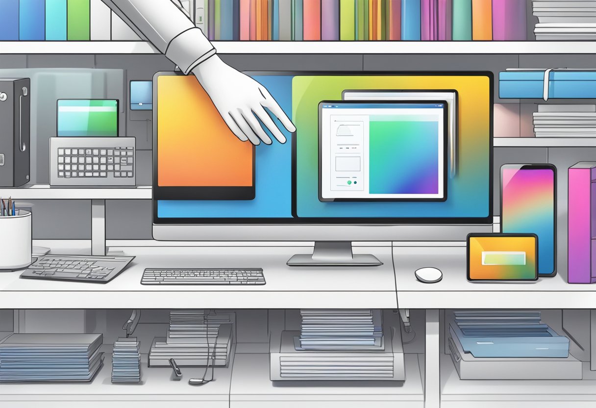 A hand reaches for a sleek, modern tech gadget on a display shelf, surrounded by other high-quality corporate gifts