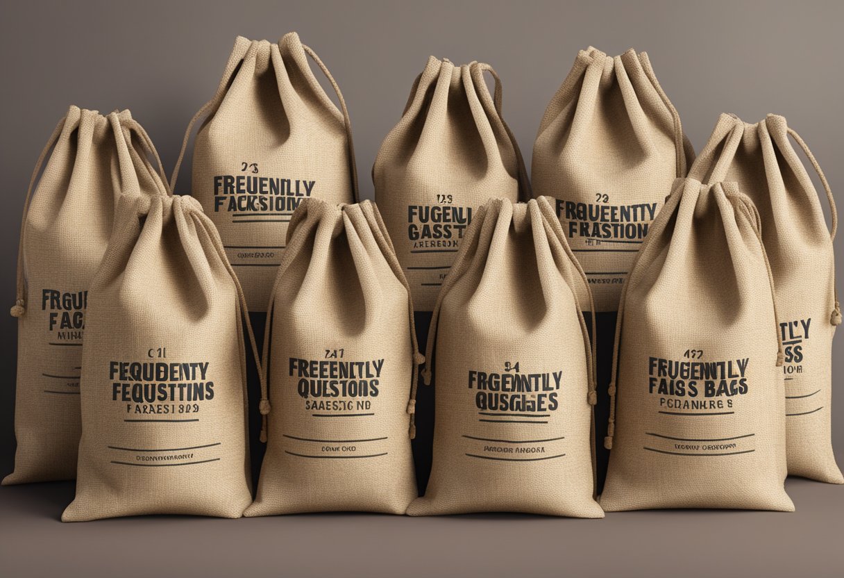 A stack of custom jute bags with "Frequently Asked Questions" printed on them