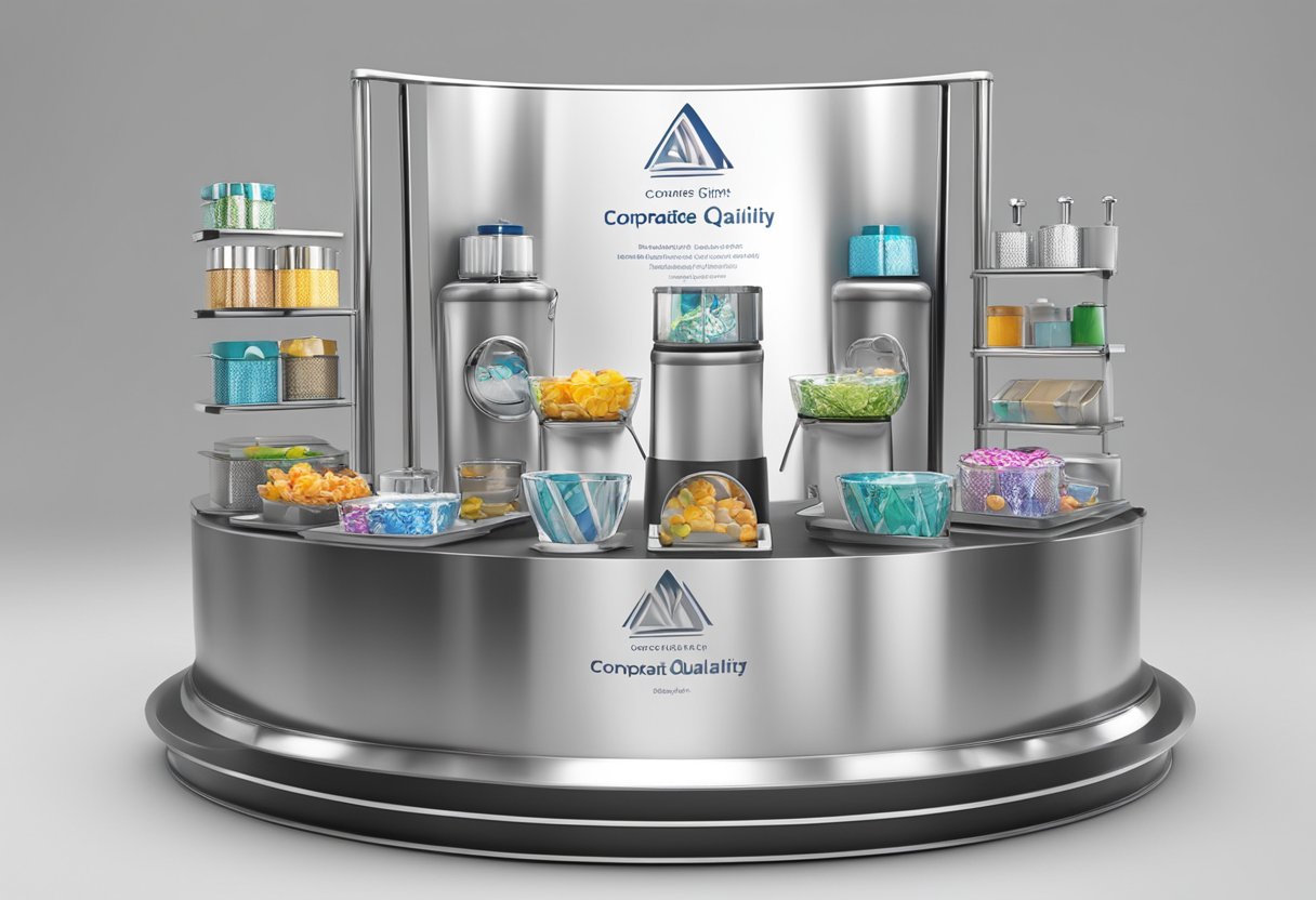 A stainless steel stand with corporate gifts, showcasing commitment and quality service