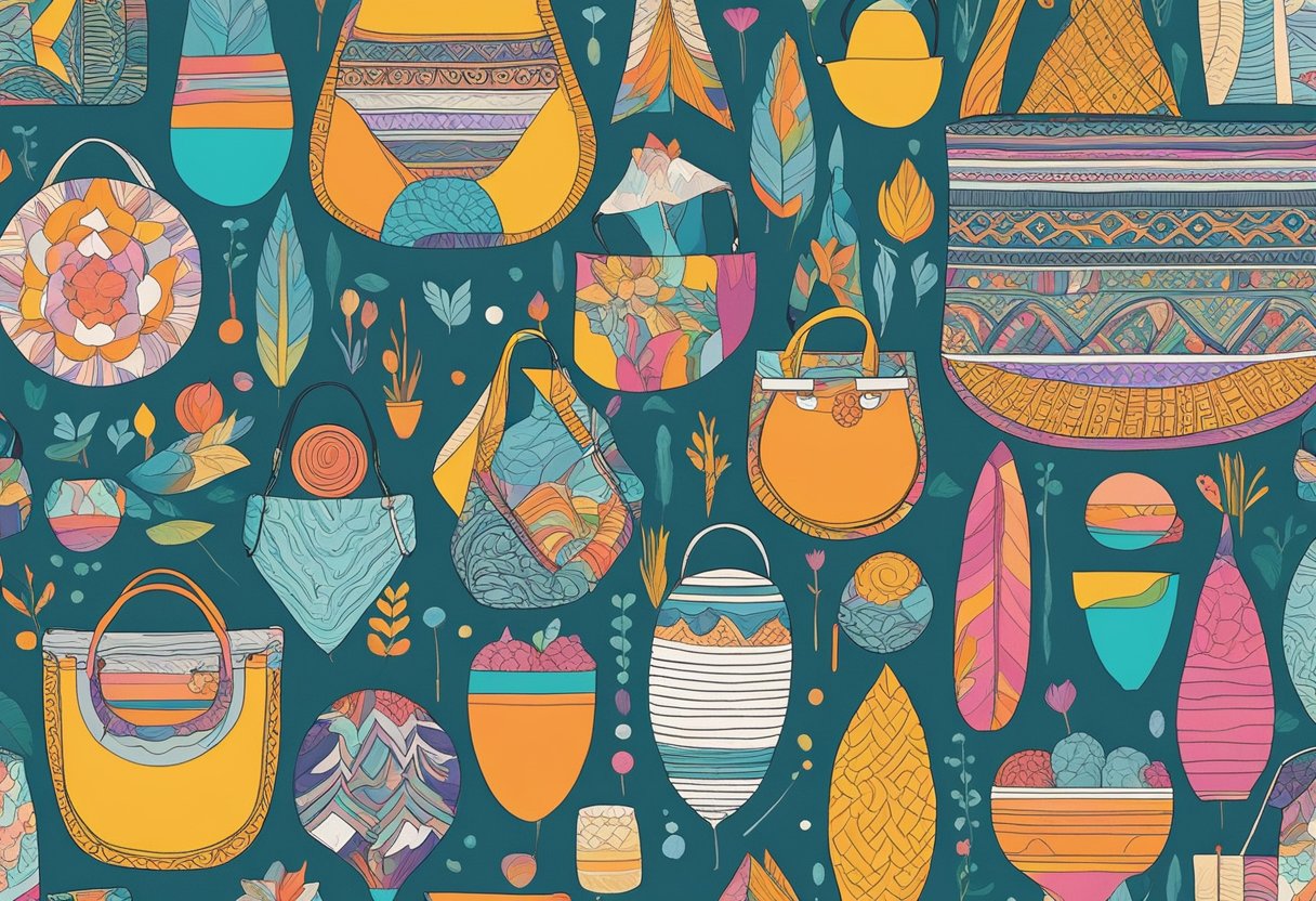 Vibrant colors and bold patterns adorn a tote bag, with intricate designs and playful typography. The bag is being used to carry art supplies and sketchbooks, reflecting the creative aspects of tote bag design