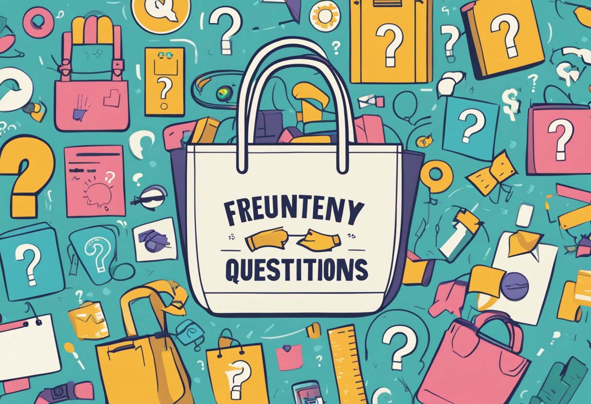 A tote bag with "Frequently Asked Questions" text surrounded by question marks and icons