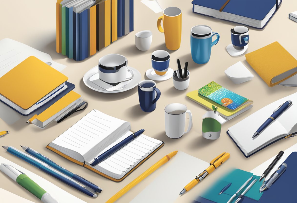 A table displays branded gifts: pens, notebooks, and mugs. The company logo is prominently featured on each item