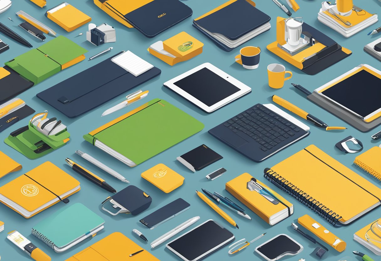 A table with a variety of branded corporate gifts displayed, including pens, notebooks, and tech accessories. A company logo is prominently featured on each item