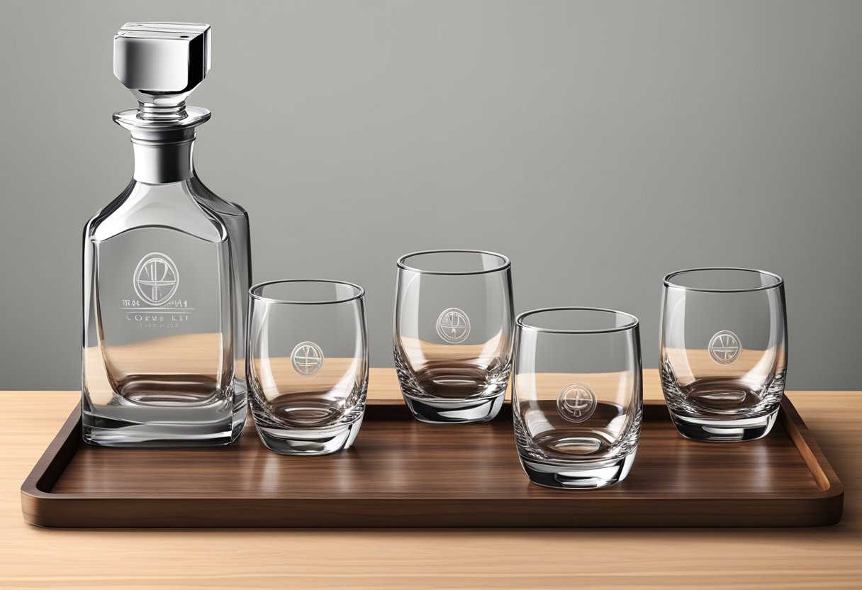 A sleek decanter set with matching glasses, displayed on a polished wooden tray with a company logo engraved, ready for corporate gifting