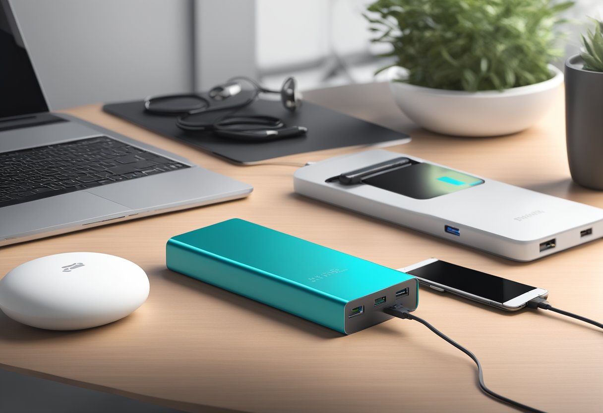 A customized powerbank sits on a sleek, modern desk, surrounded by electronic devices and charging cables. The powerbank features a unique design with personalized branding and colors
