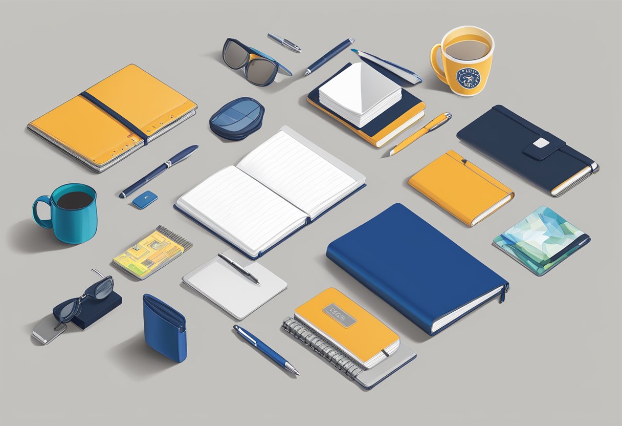 A table displaying various branded corporate gifts for clients. Items include pens, notebooks, drinkware, and tech accessories