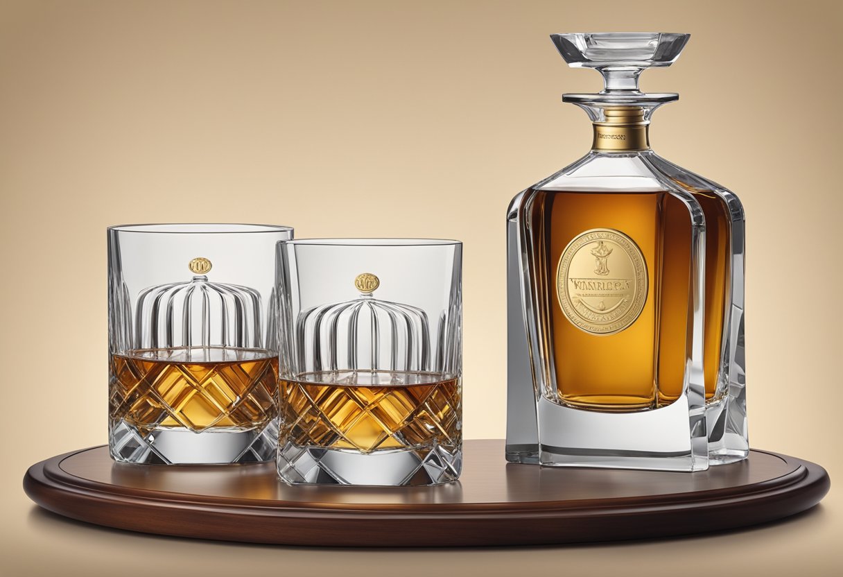 A sleek decanter set sits on a mahogany table, accompanied by two crystal glasses and a bottle of premium whiskey. A gold plaque with the company's logo is affixed to the front of the decanter
