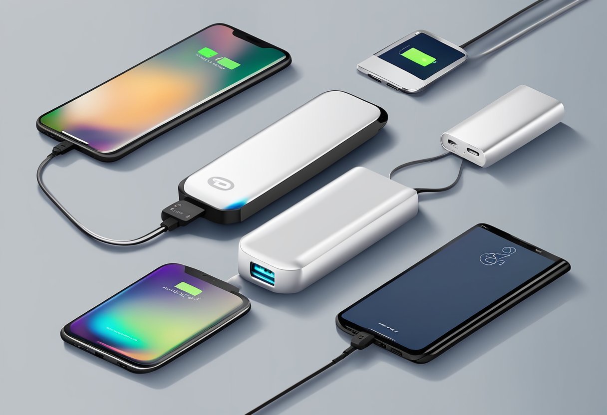 A sleek, modern power bank sits on a desk, with customizable features like color, texture, and logo. It is surrounded by various electronic devices, showcasing its versatility and compatibility