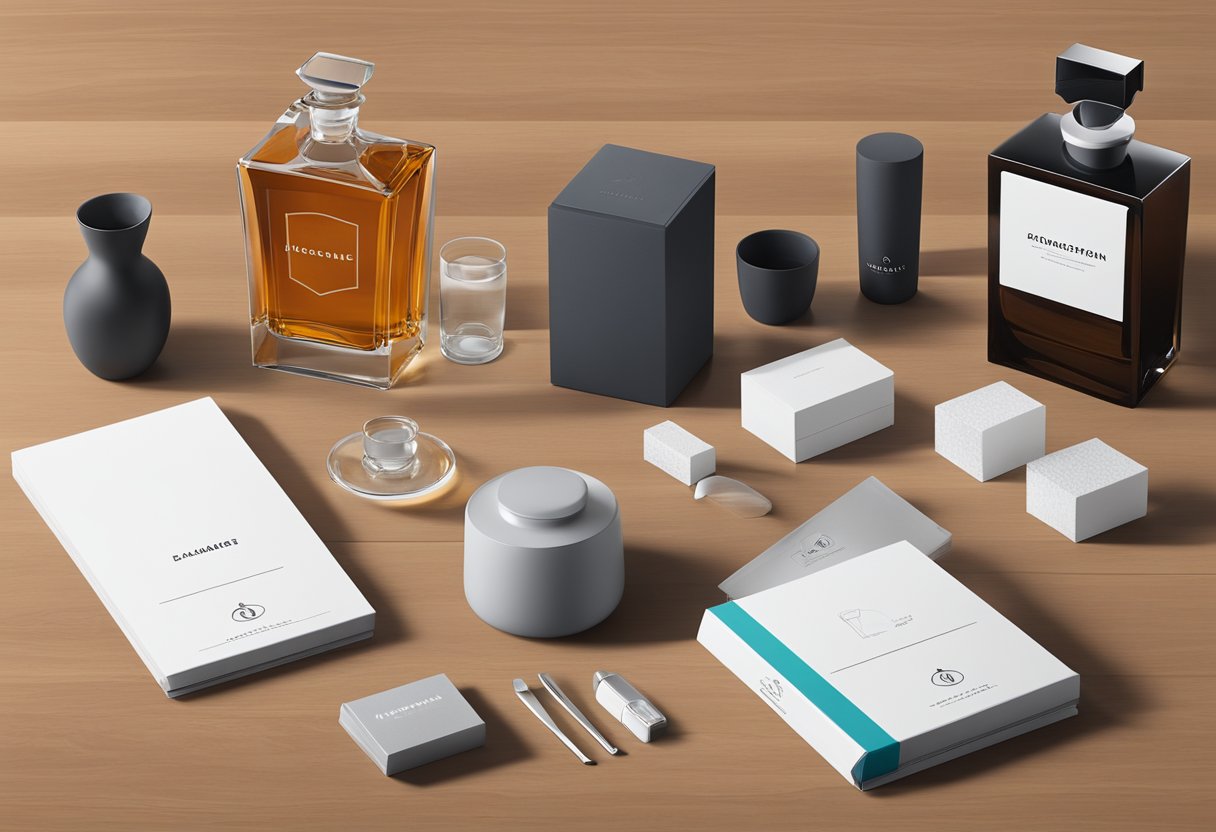 A sleek decanter set sits on a polished wooden desk, surrounded by branded logistics and aftercare materials