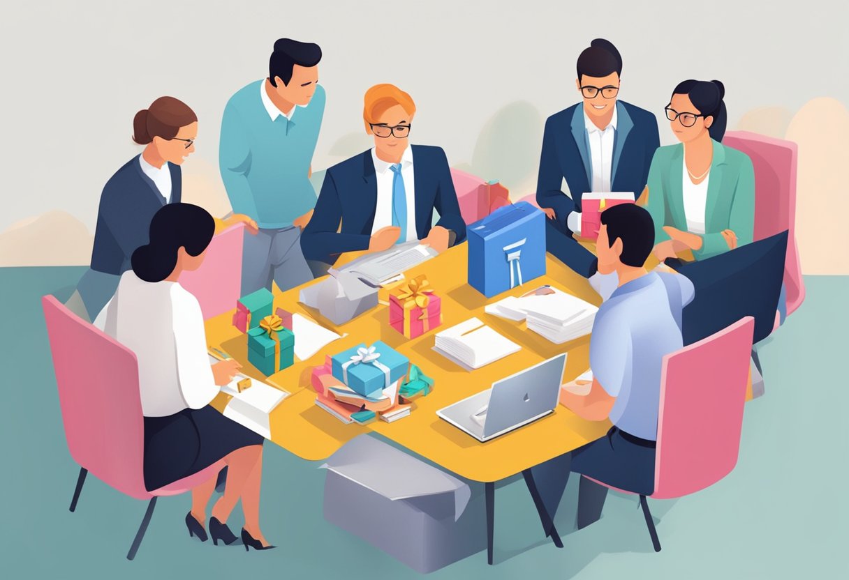 A table adorned with branded gifts, surrounded by satisfied clients asking questions