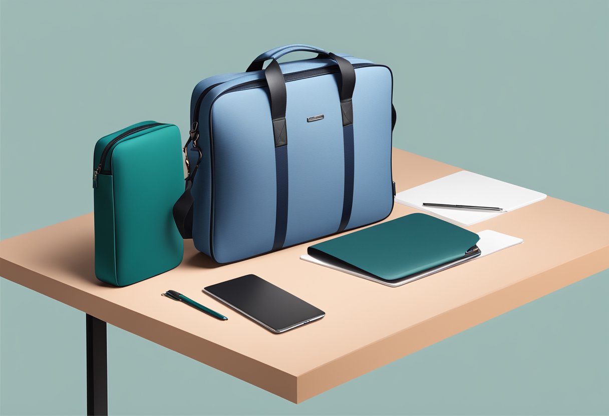 A laptop bag with a sleek, professional design sits on a desk next to a branded corporate gift box