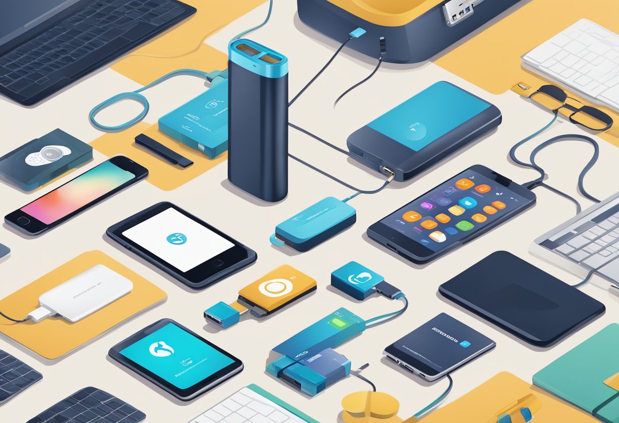 A hand holding a branded powerbank, surrounded by various marketing materials and distribution channels