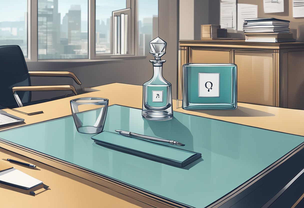 A sleek, modern decanter set with "Frequently Asked Questions" branding displayed on a polished corporate desk, surrounded by elegant office accessories