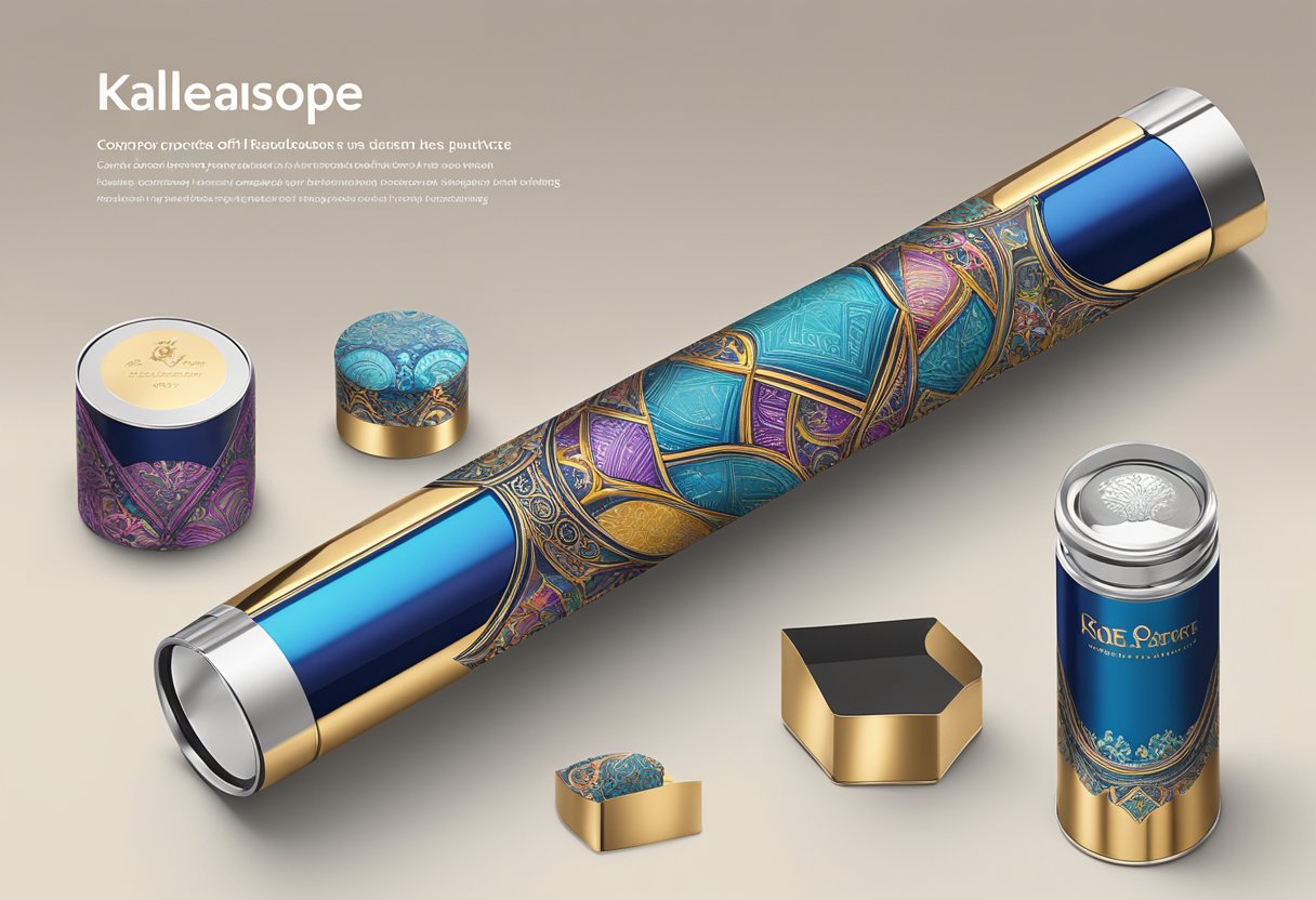 A kaleidoscope sits on a polished desk, adorned with custom corporate branding and gift packaging