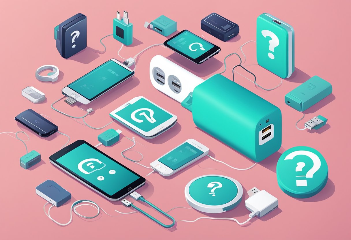 A customized powerbank surrounded by question marks and a FAQ list, with various electronic devices in the background