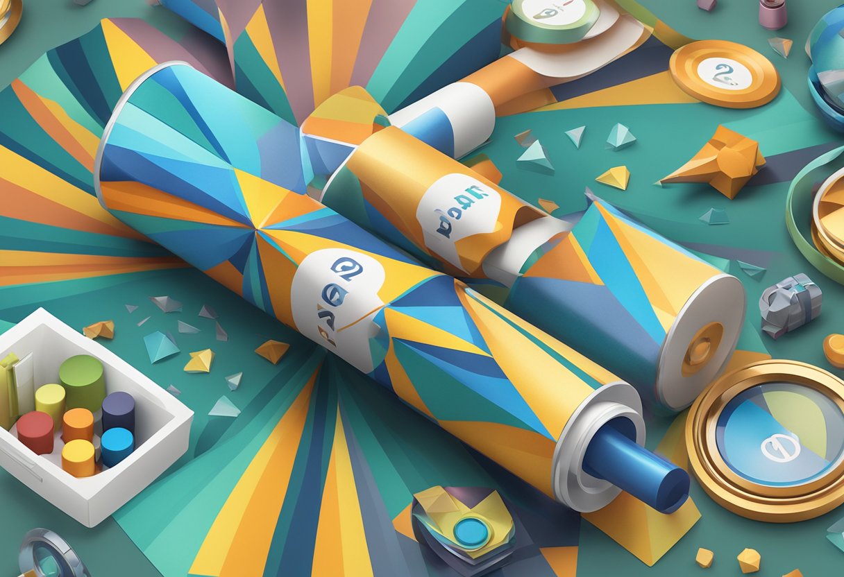 A kaleidoscope with "Frequently Asked Questions" text on the exterior, surrounded by corporate gift items, being customized by a designer