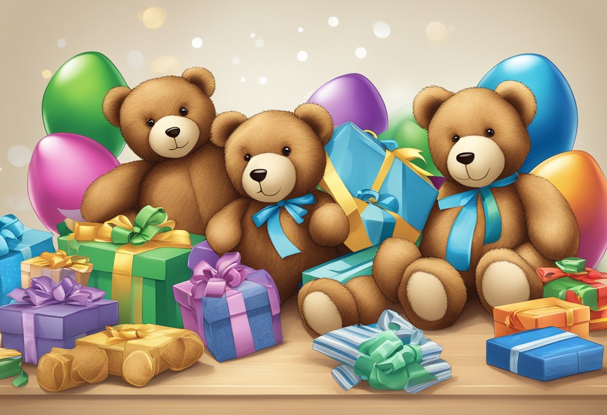 A group of teddy bears arranged on a desk with corporate logos and gift boxes in the background