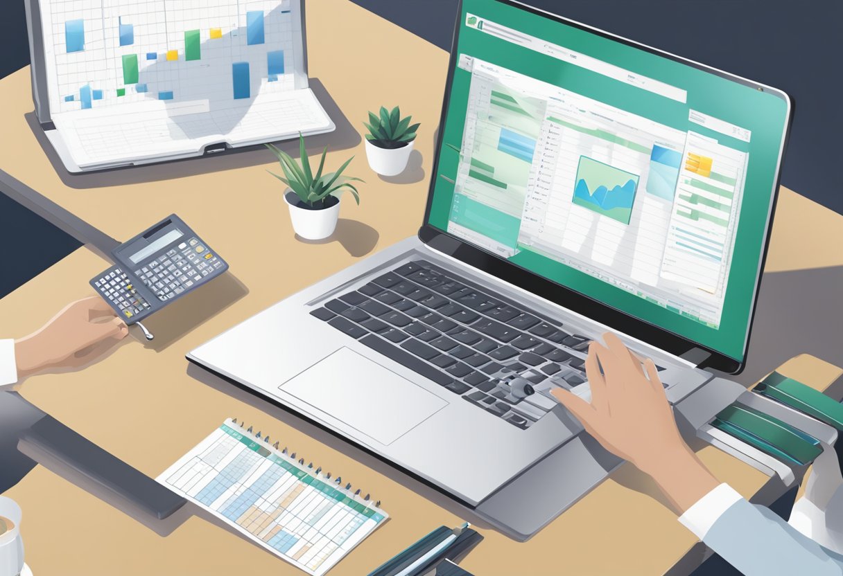 A sleek laptop bag displayed on a desk, surrounded by budgeting spreadsheets and a corporate logo. A hand reaches for it, leaving a lasting impression