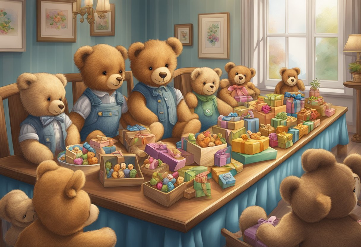 A table displays various teddy bears. A person selects one with a thoughtful expression. Gifts and corporate logos are visible in the background