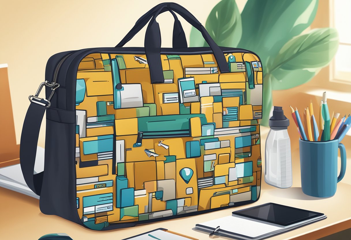 A laptop bag with "Frequently Asked Questions" logo sits on a desk, surrounded by corporate gift items