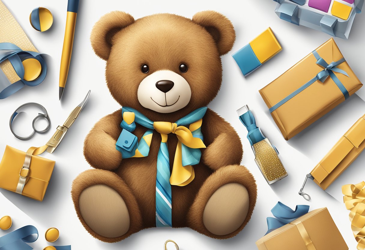 A teddy bear surrounded by complementary accessories and packaging for corporate gifts