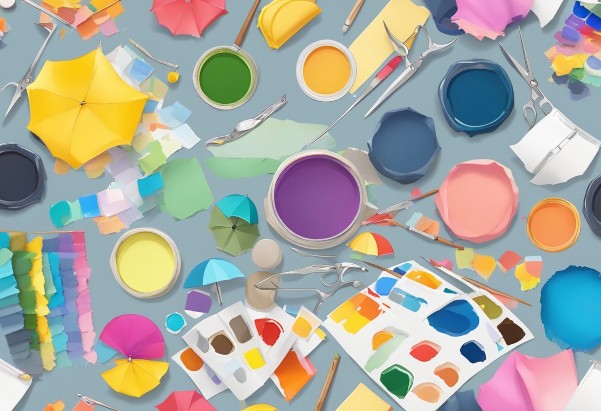 A table covered in paint, stickers, and fabric swatches. Scissors, glue, and a variety of umbrellas lay scattered around
