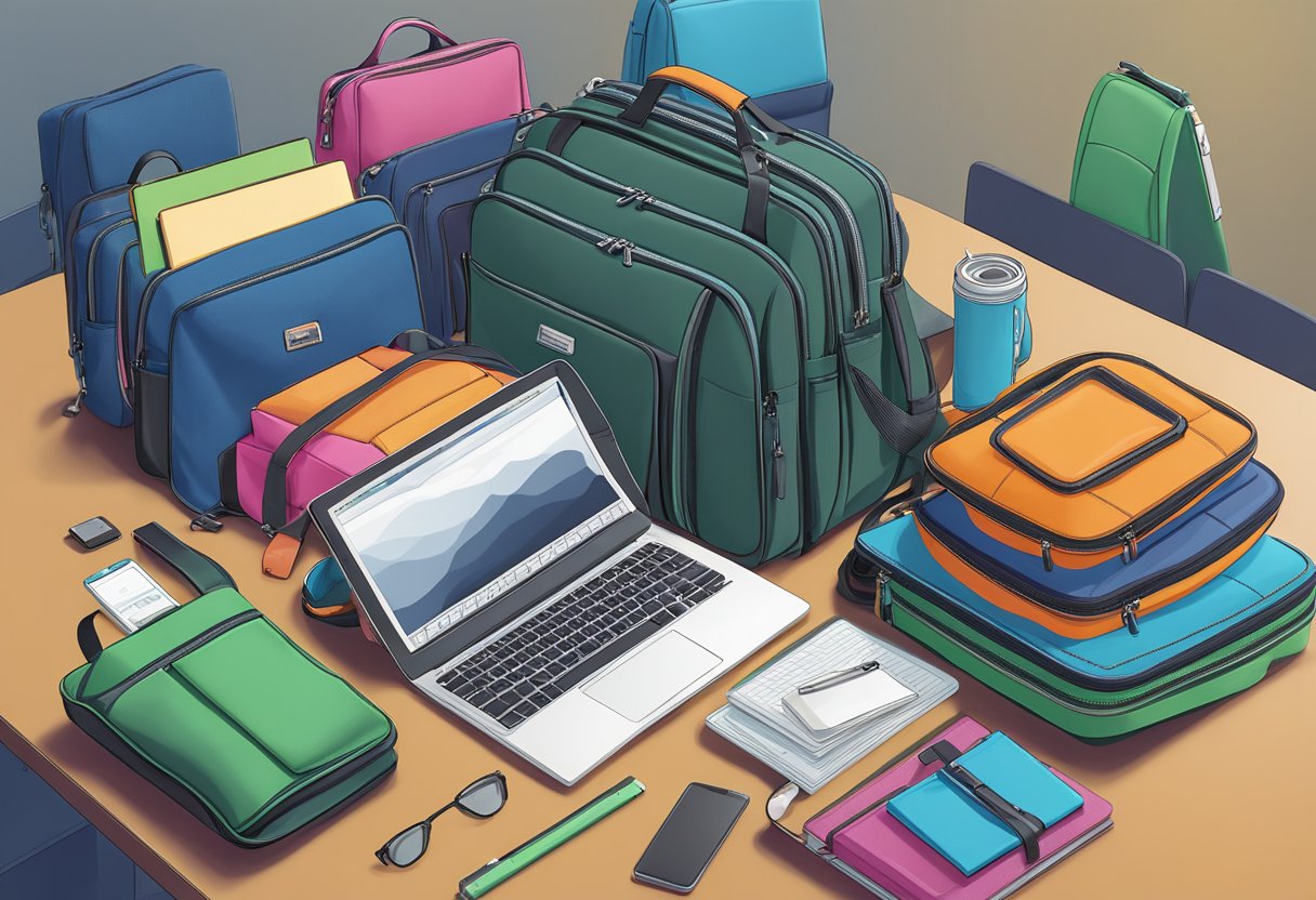 A stack of laptop bags sits on a conference table, surrounded by branded corporate gifts