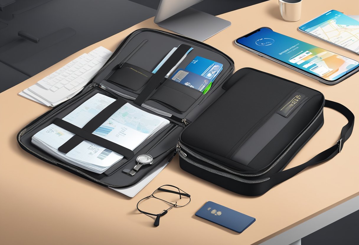 A sleek, black travel organizer bag sits open on a desk, with compartments for passports, tickets, and electronics. A corporate logo is discreetly embossed on the front