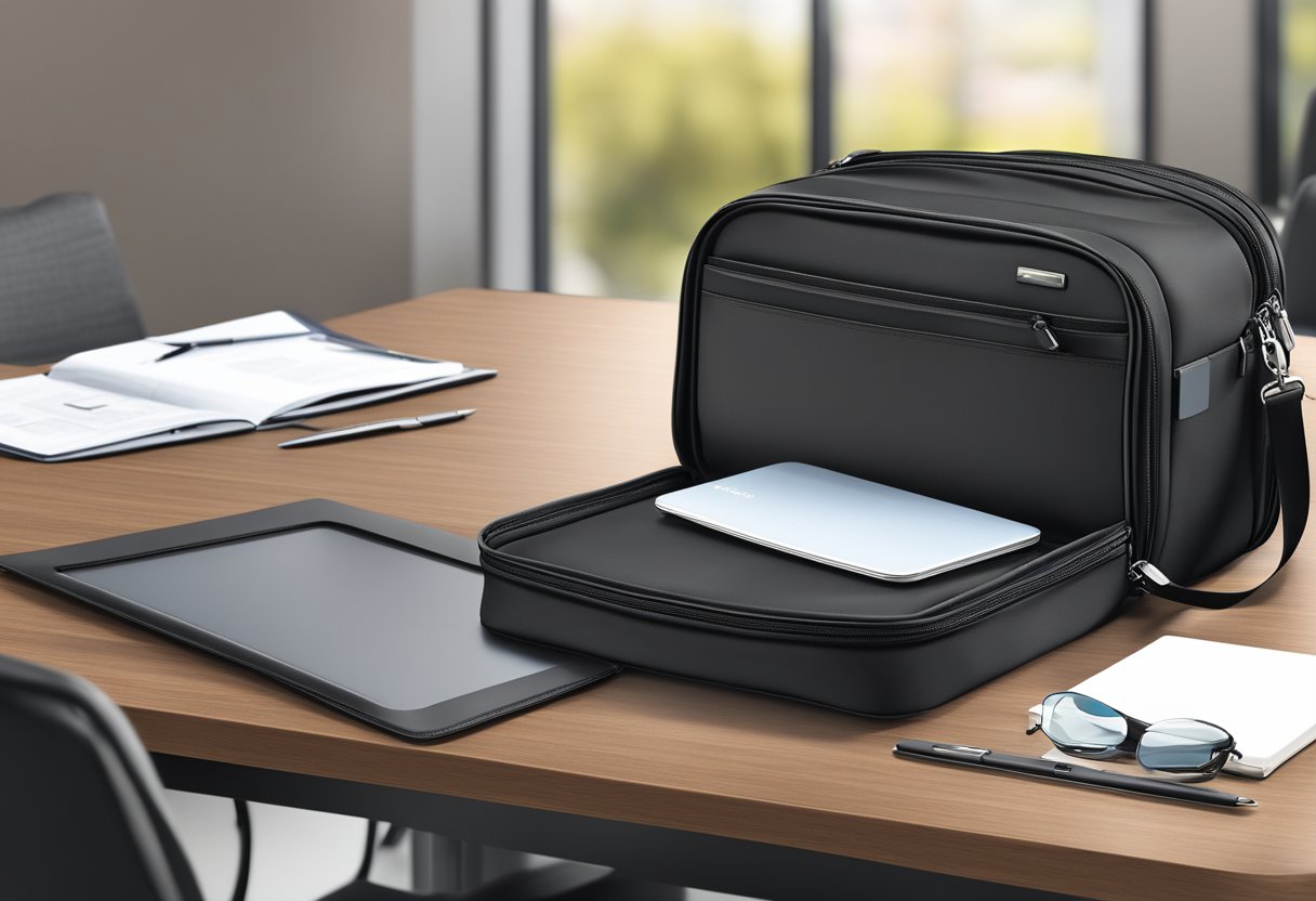 A sleek black travel organizer bag sits on a conference table, with multiple compartments and a discreet logo, ready for corporate gifting