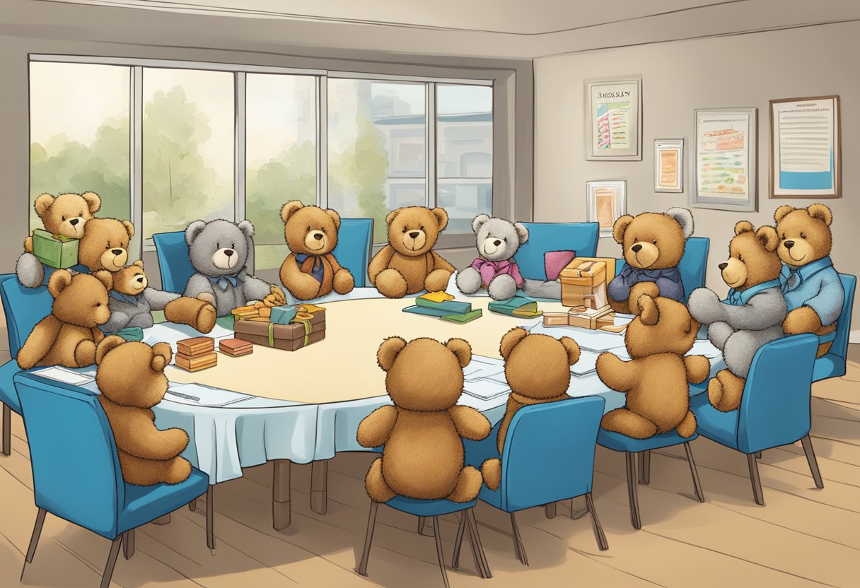 A group of teddy bears arranged around a table with a sign that reads "Frequently Asked Questions teddy bear corporate gifts."