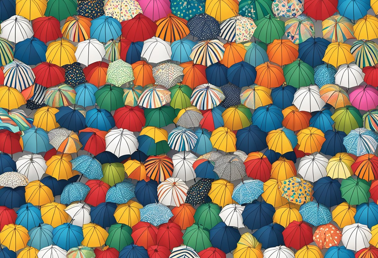 Umbrellas of various colors and patterns on display with options for customisation such as monogramming and color choices