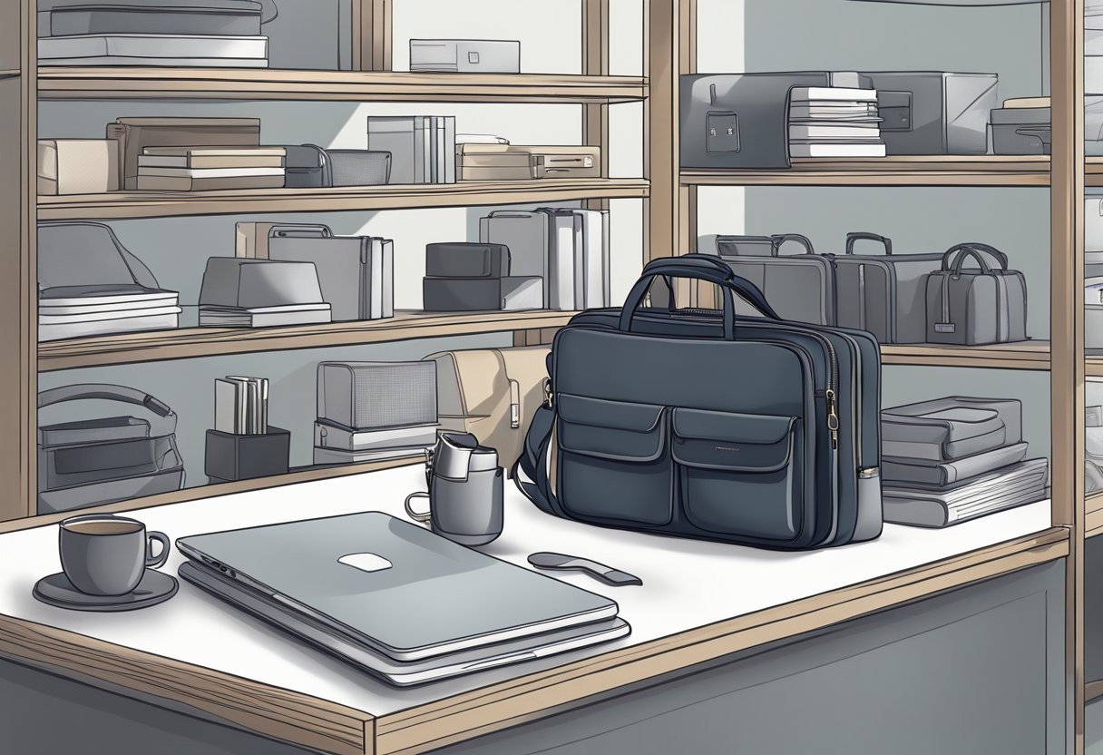 A hand reaches for a sleek laptop bag on a shelf, surrounded by other options. The bag is professional and stylish, with multiple compartments and a padded interior