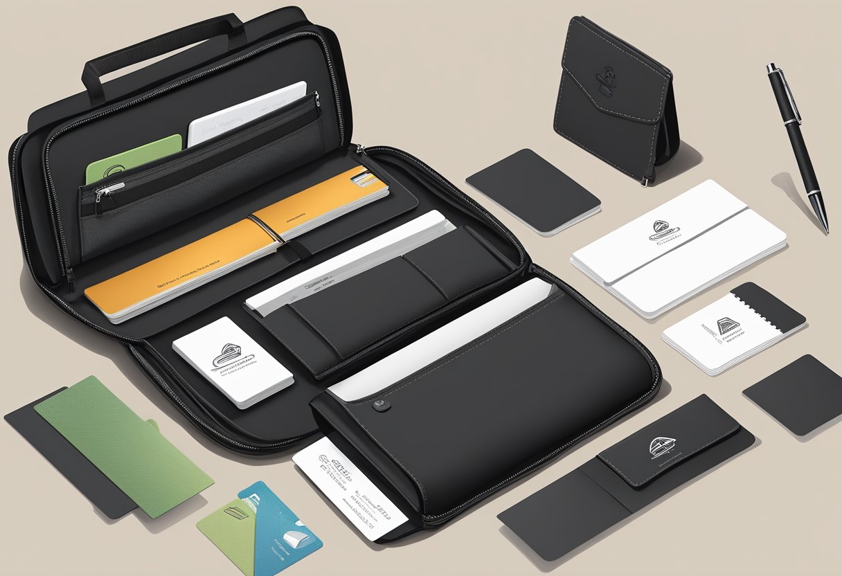 A sleek black travel organizer bag with a company logo prominently displayed, surrounded by business cards, a notebook, and a pen