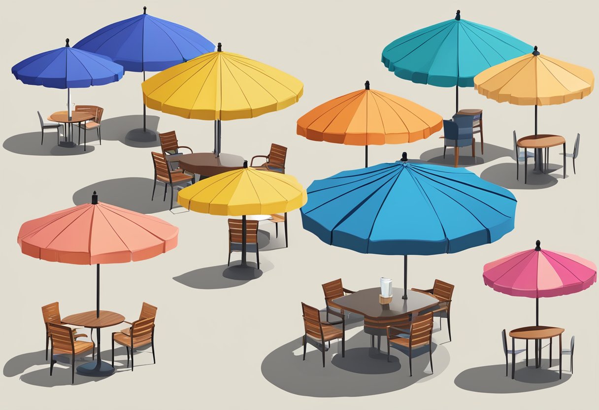 A table with various umbrella designs and customization options displayed